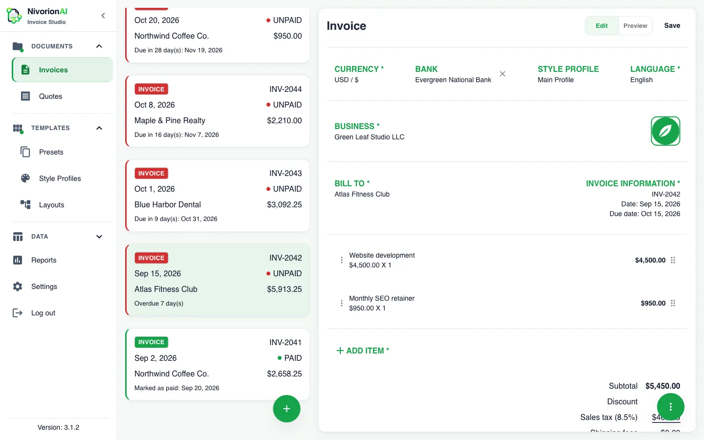 Invoice editor with items, taxes and discounts